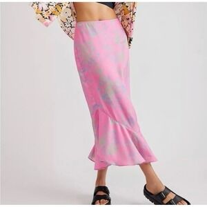 Free People‎ Pink Floral Mermaid Ruffle Hem Midi Skirt 4 Everything's Rosie Boho